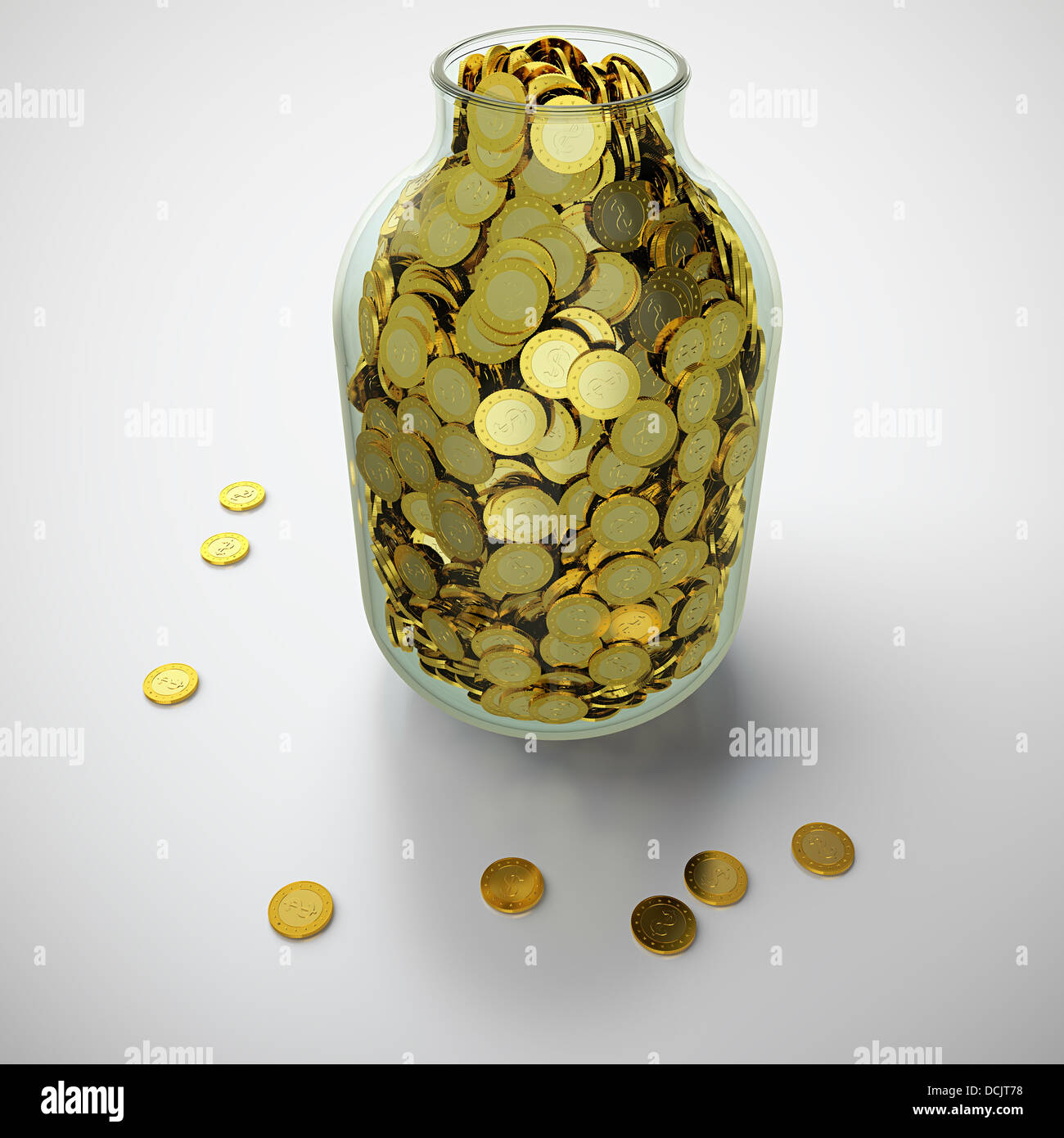 3D render of glass jar full of golden coins. Stock Photo