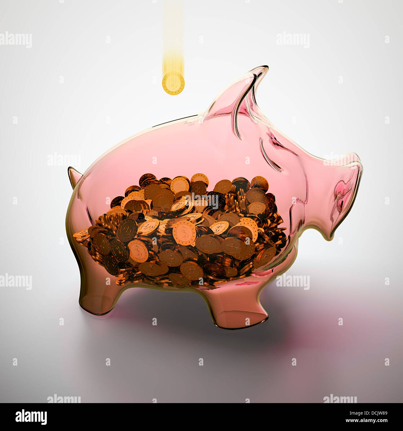 3D render of glass piggy bank full of golden coins Stock Photo - Alamy