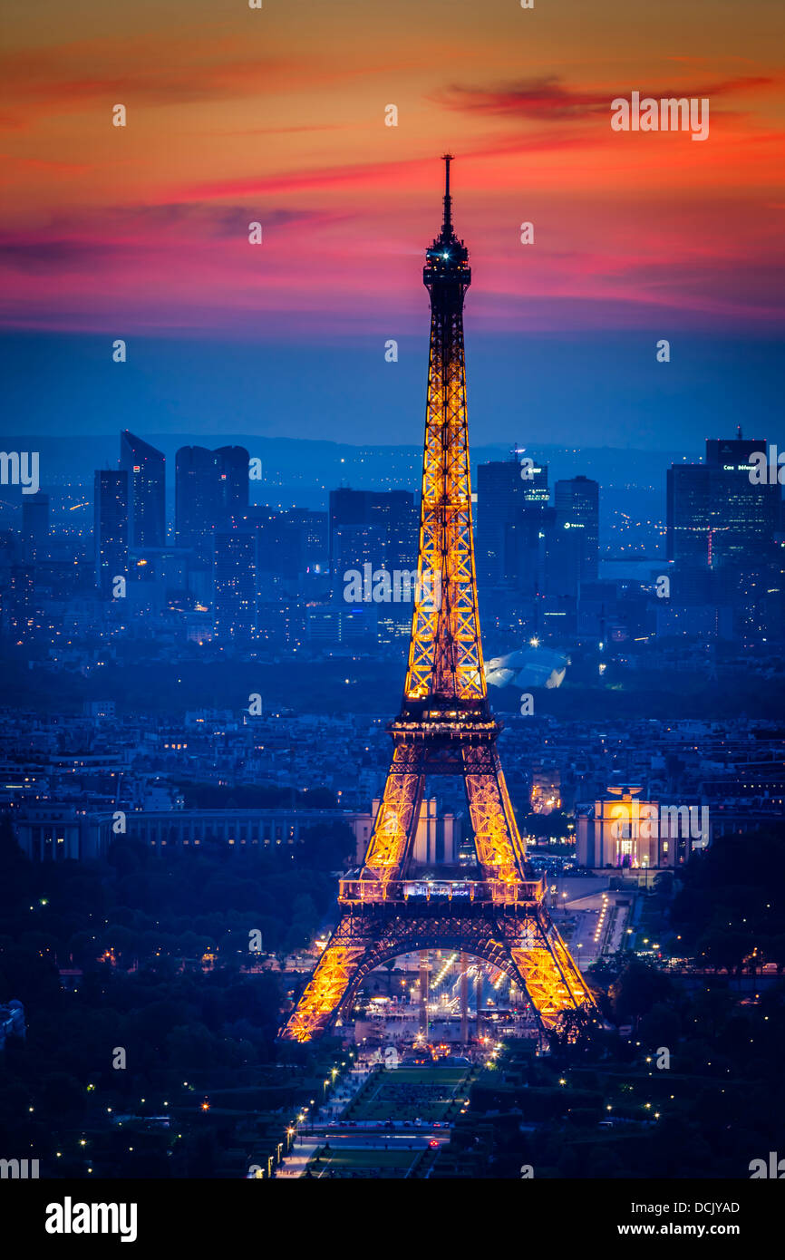 Eiffel Tower at twilight, viewed from Montparnasse Tower, Paris France Stock Photo
