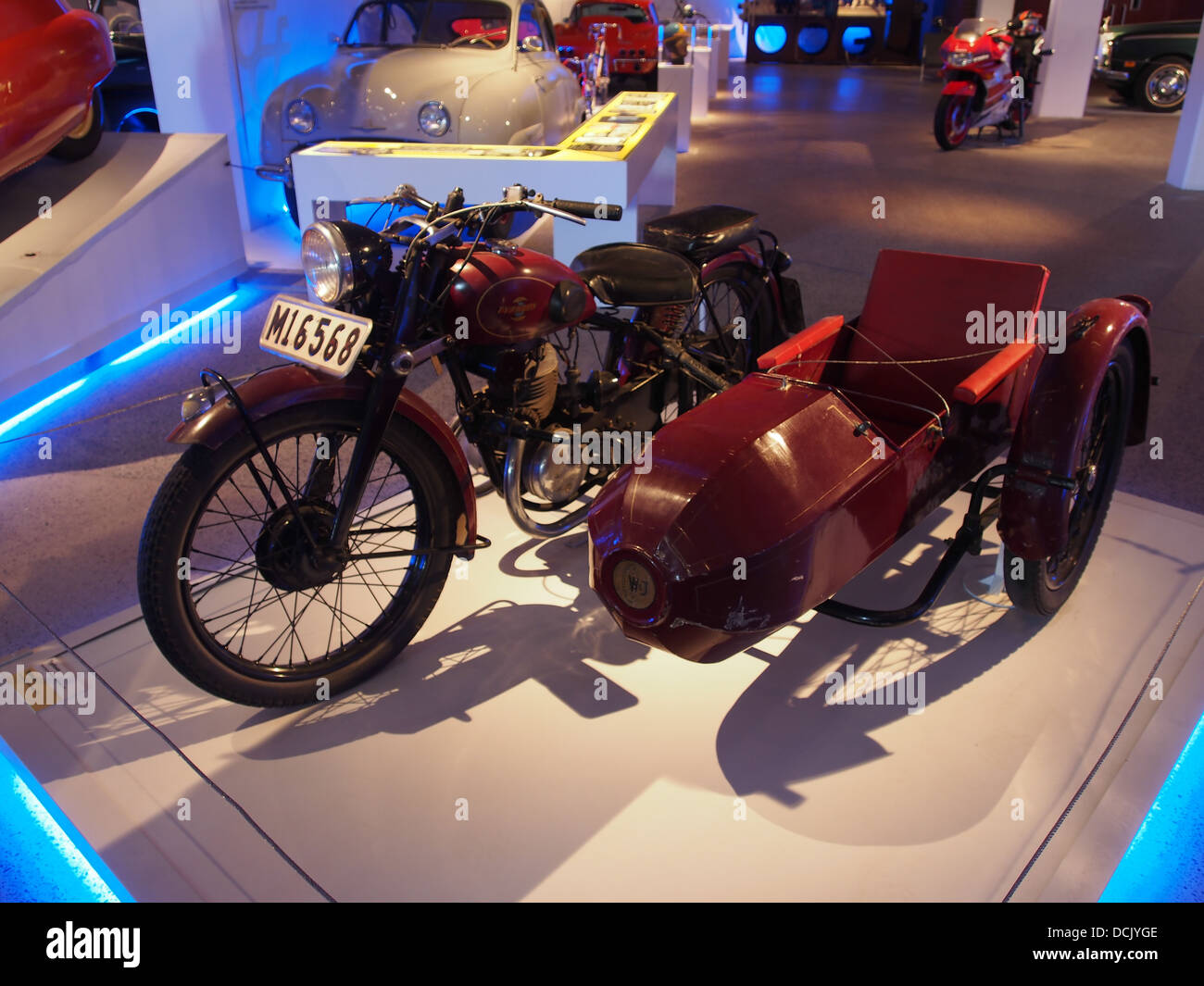 Old red colored Typhoon motorcycle combination Teknikens och Sj C3 B6fartens hus, Science and Maritime House Stock Photo