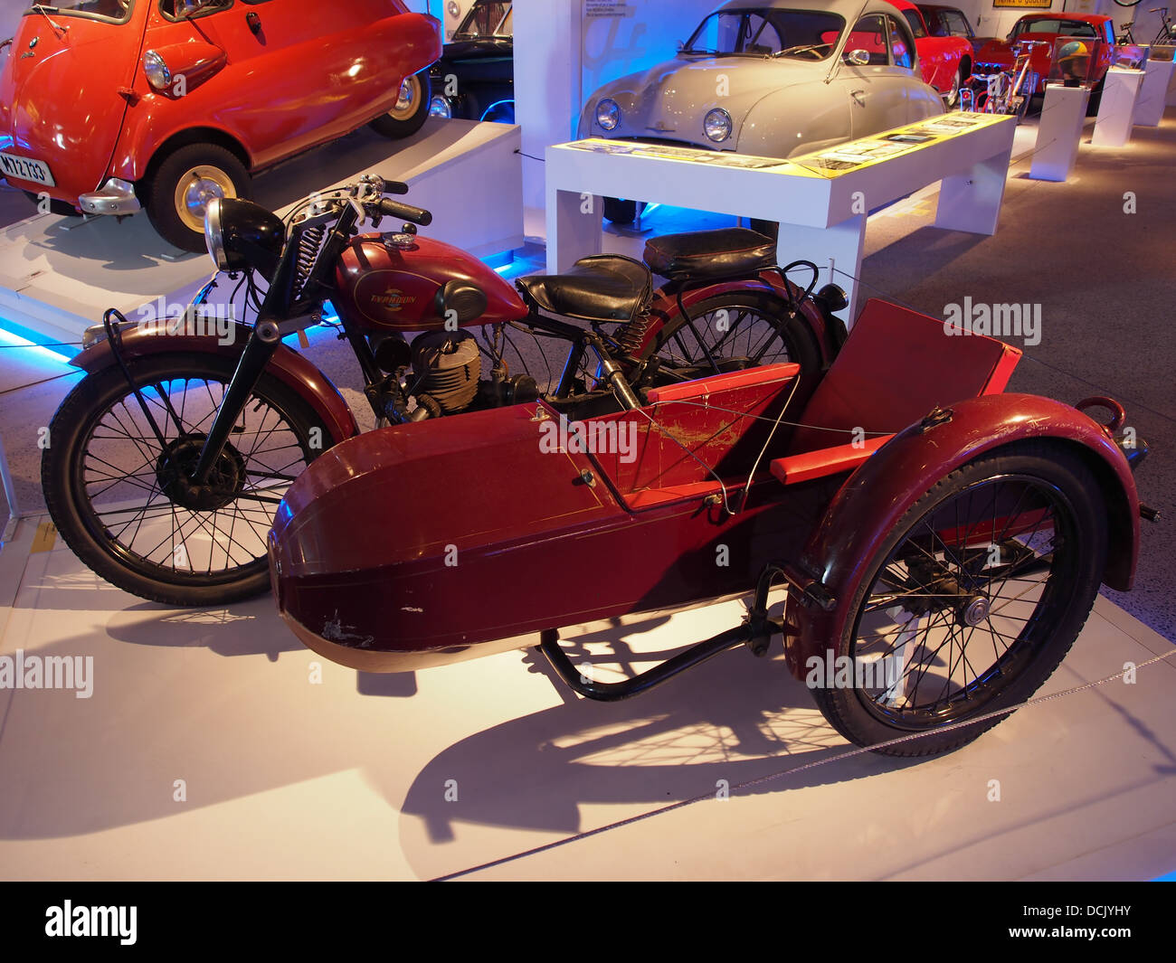 Old red colored Typhoon motorcycle combination Teknikens och Sj C3 B6fartens hus, Science and Maritime House Stock Photo