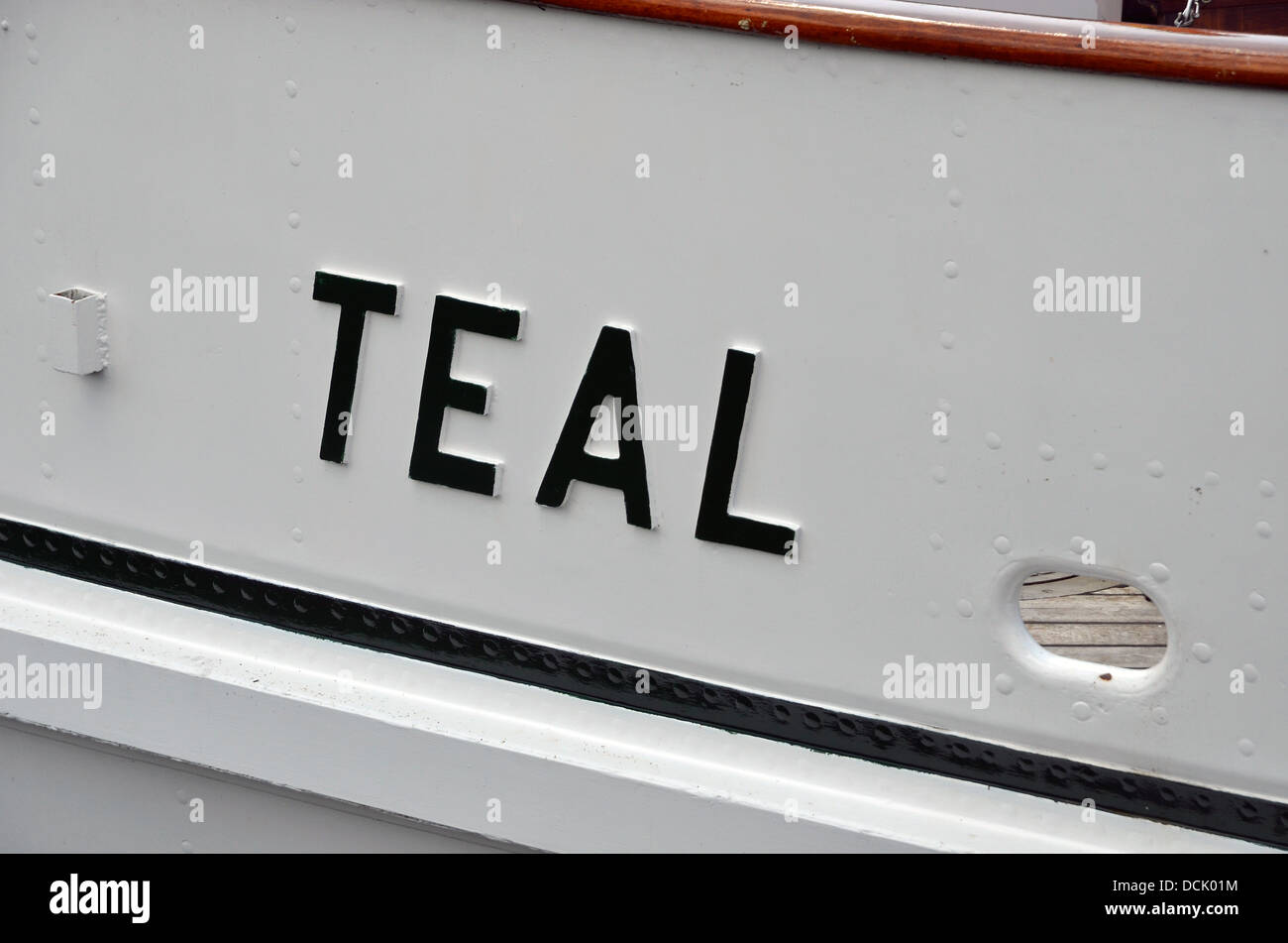 Teal name on side of a Windermere steamer pleasure boat Stock Photo