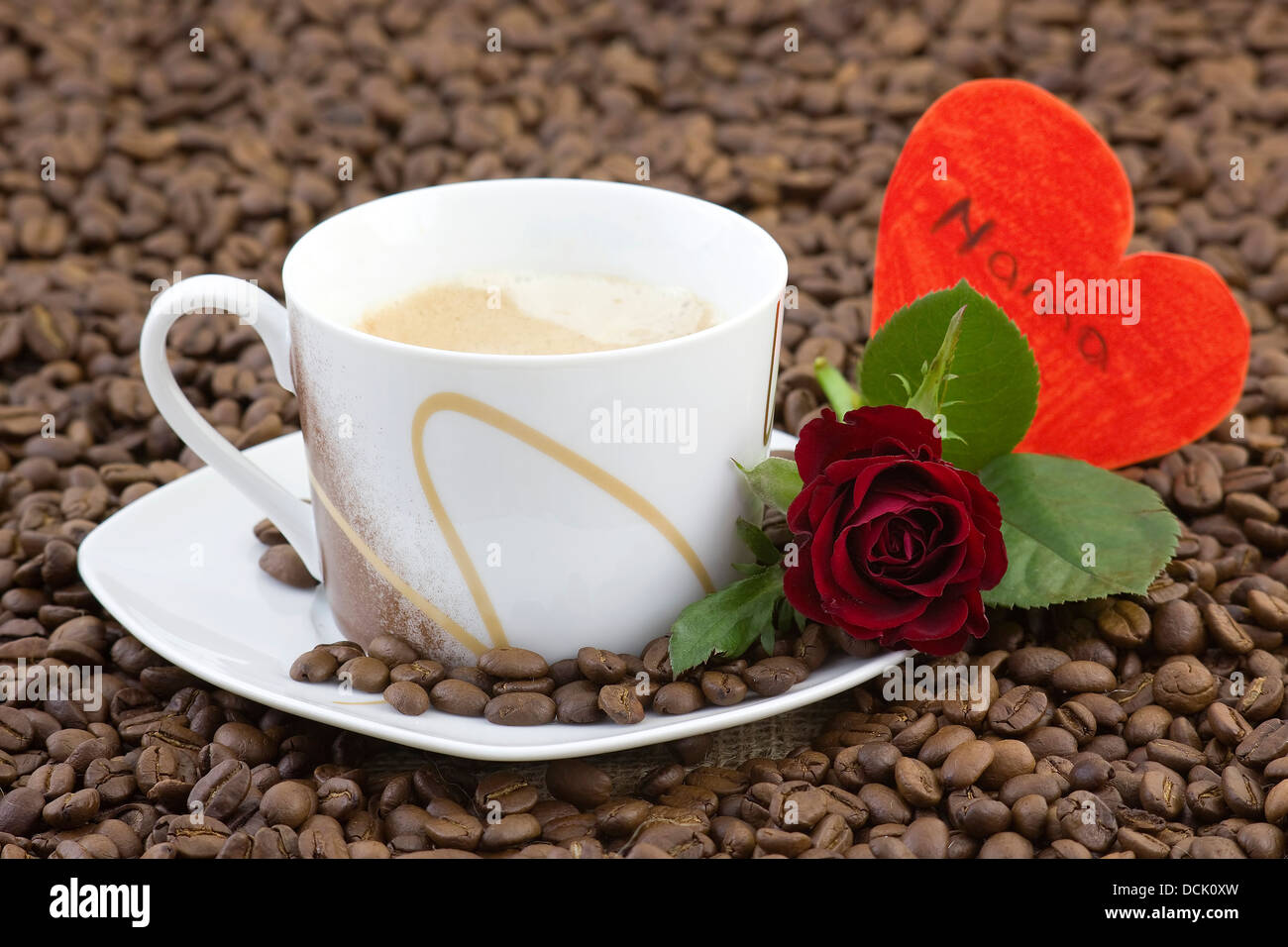 cup of coffee, red roses and heart Stock Photo - Alamy