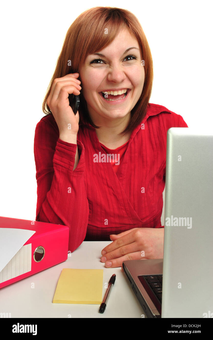 Office Assistant at the phone, happy and laughing Stock Photo - Alamy