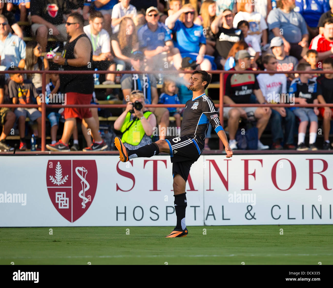 Santa Clara, CA. 18th Aug, 2013. August 18, 2013: San Jose Earthquakes forward Chris Wondolowski (8) spits water out of his mouth prior to the MLS soccer game between the San Jose Earthquakes and Sporting Kansas City at Buck Shaw Stadium in Santa Clara, CA. The Earthquakes defeated Kansas City 1-0. © Cal Sport Media/Alamy Live News Stock Photo