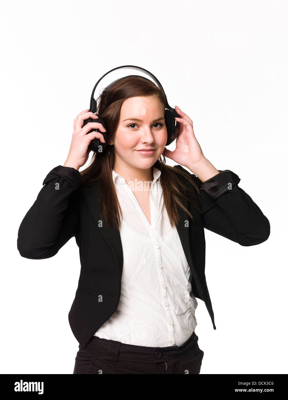 Smiling girl listen to music Stock Photo - Alamy