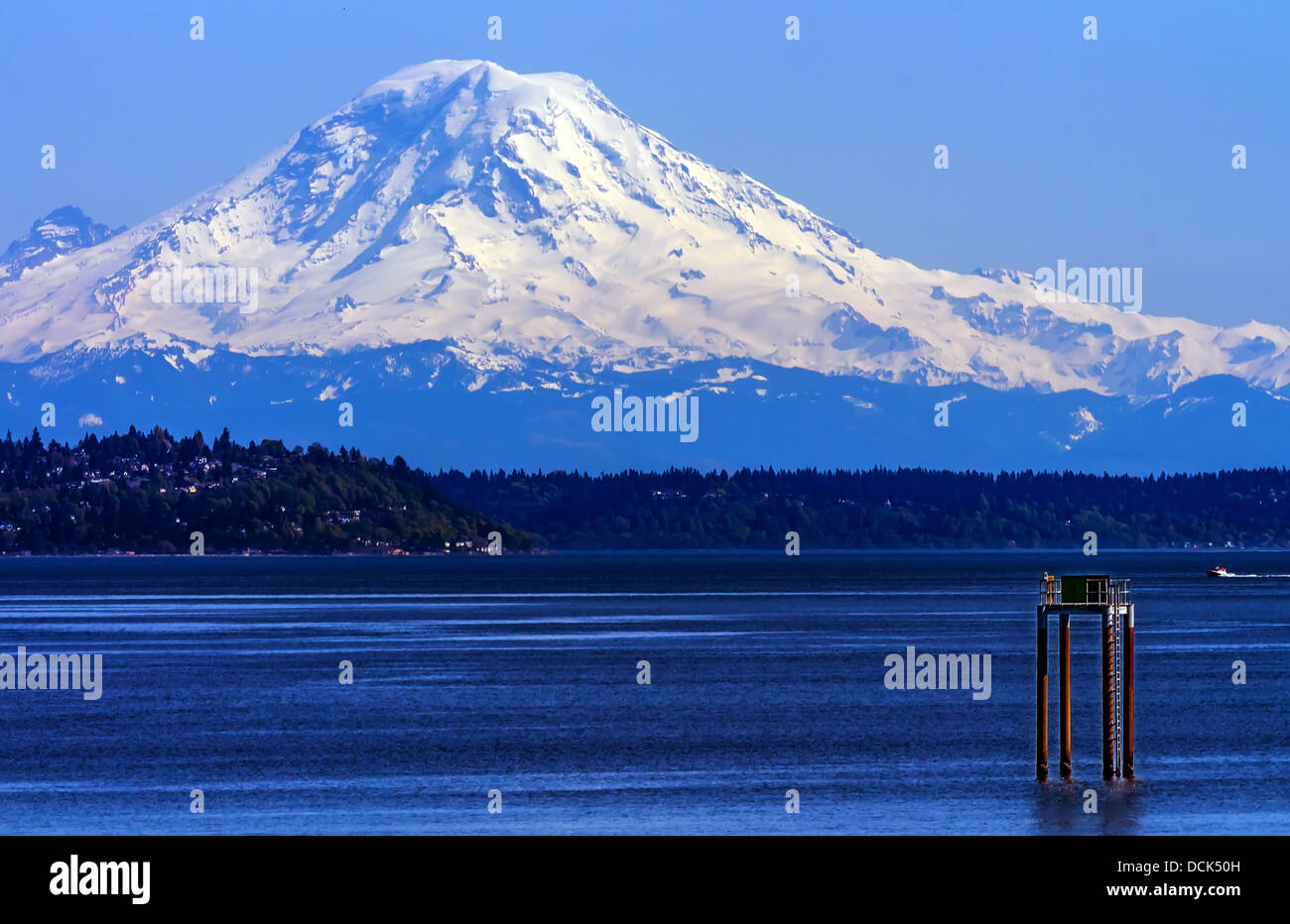 Mount Rainier Puget Sound North Seattle Snow Mountain Channel Marker Washington State Pacific Northwest Stock Photo