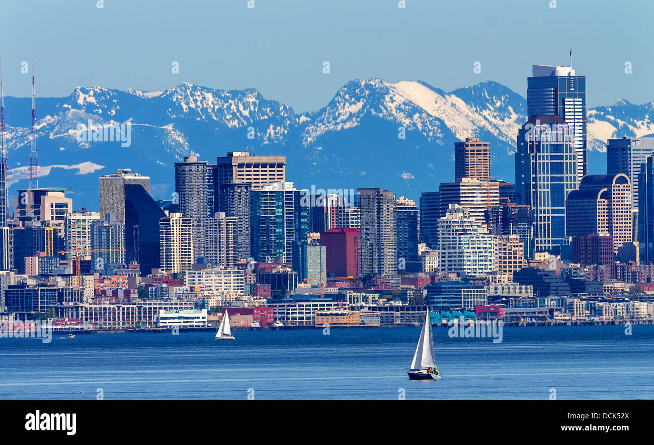 Seattle Skyline Sailboats Puget Sound Cascade Mountains Washington State Pacific Northwest Stock Photo