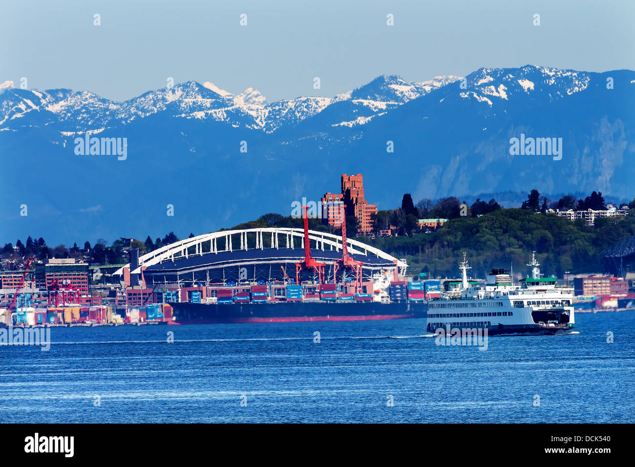 Seattle Washington Port Ferry with Cranes Containers and Freighters
