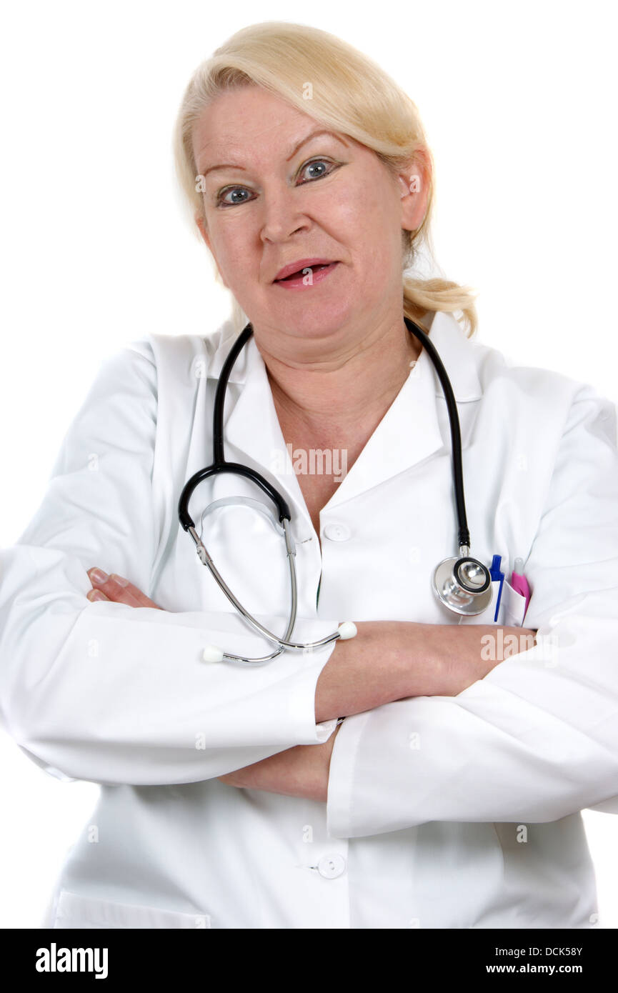 medical assistant crosses her arms and white background Stock Photo