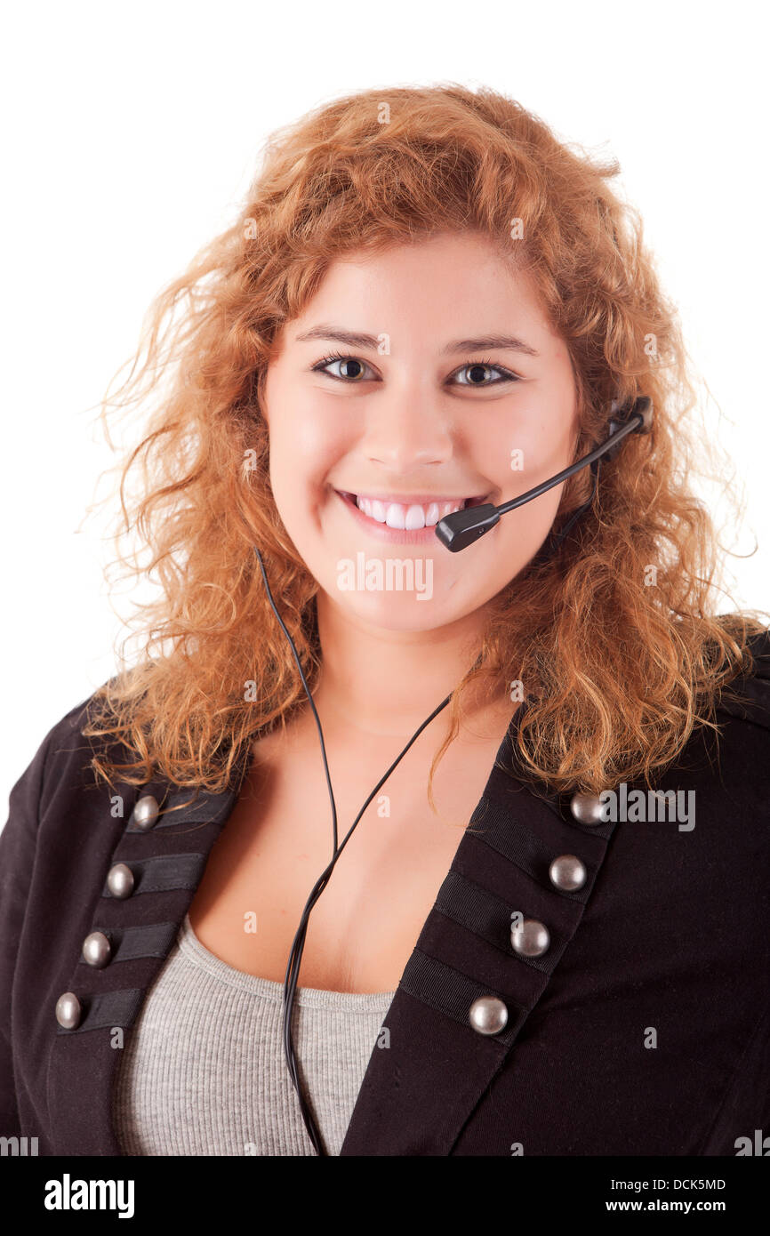 Friendly young beautiful telephone operator at work Stock Photo Alamy