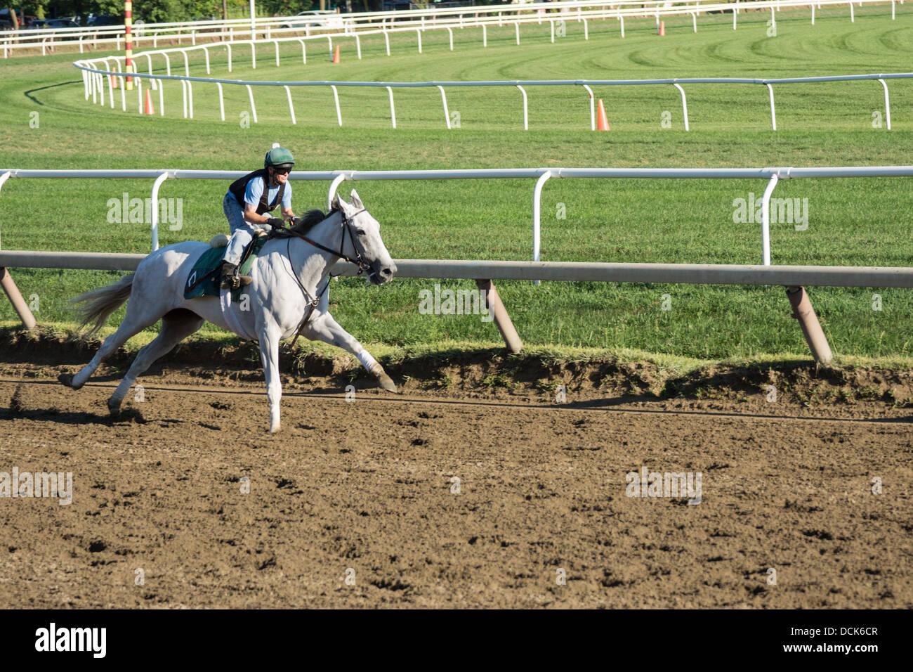 August 4, 2013. Saratoga Raceway New York. Exercise rider and thoroughbred horse in morning workout at Oklahoma Training Track. Stock Photo