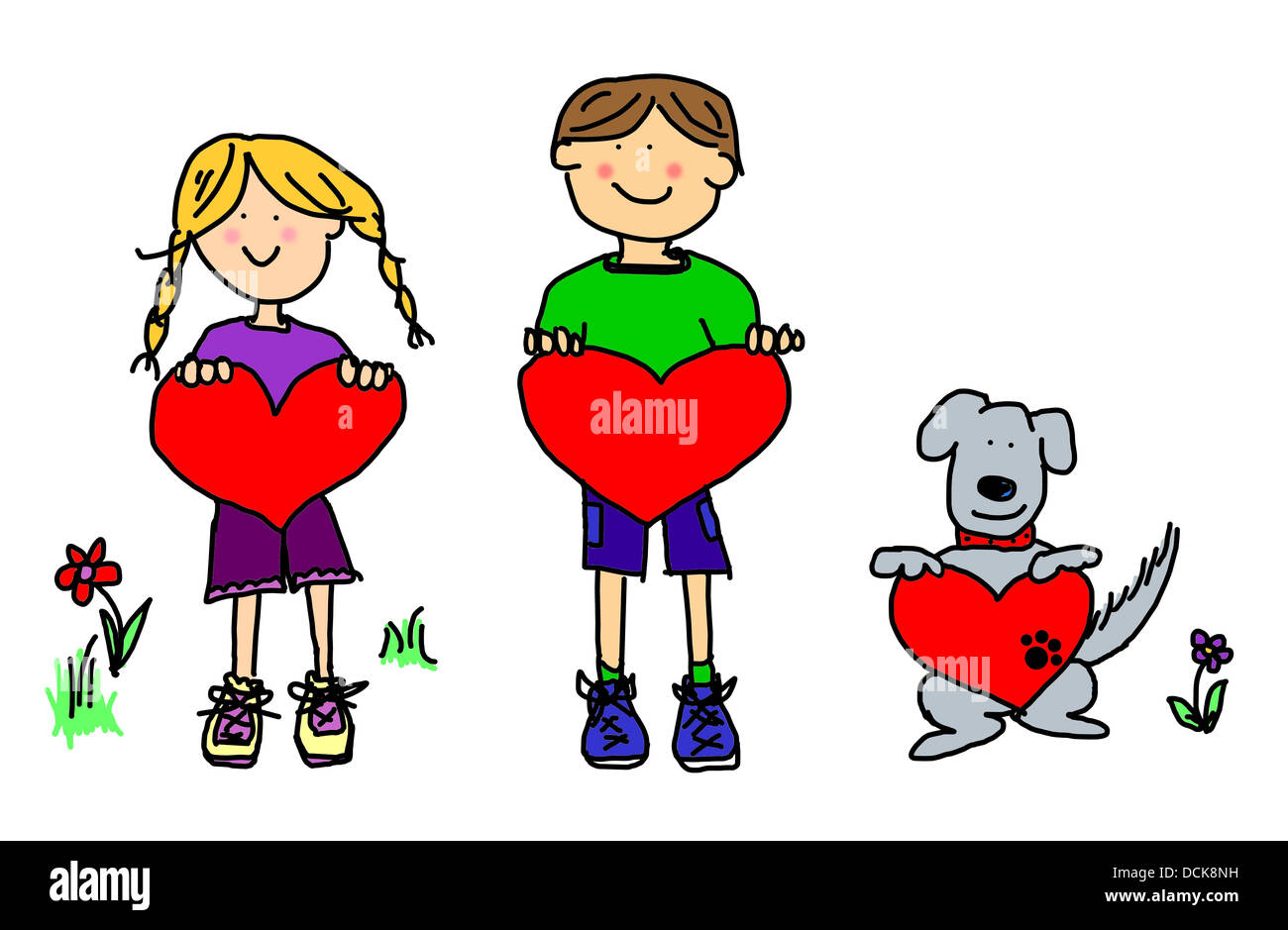 Boy, girl, and dog cartoon holding heart shape sign Stock Photo
