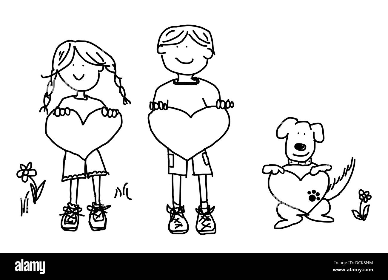 Boy, girl, and dog cartoon holding heart shape sign Stock Photo