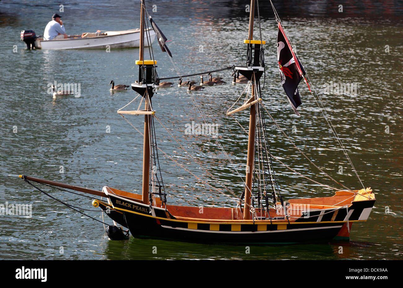 Model pirate ship moored in Fort Point Channel outside Children's