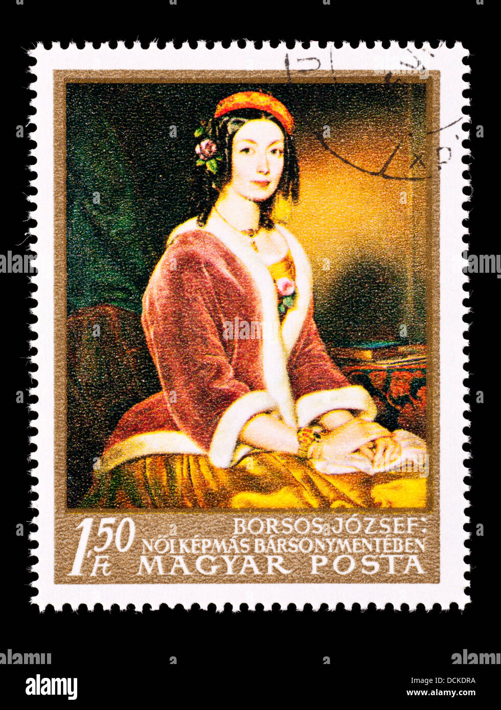 Postage stamp from Hungary depicting the painting "Lady in Fur-lined Jacket" by Jozsef Borsos. Stock Photo