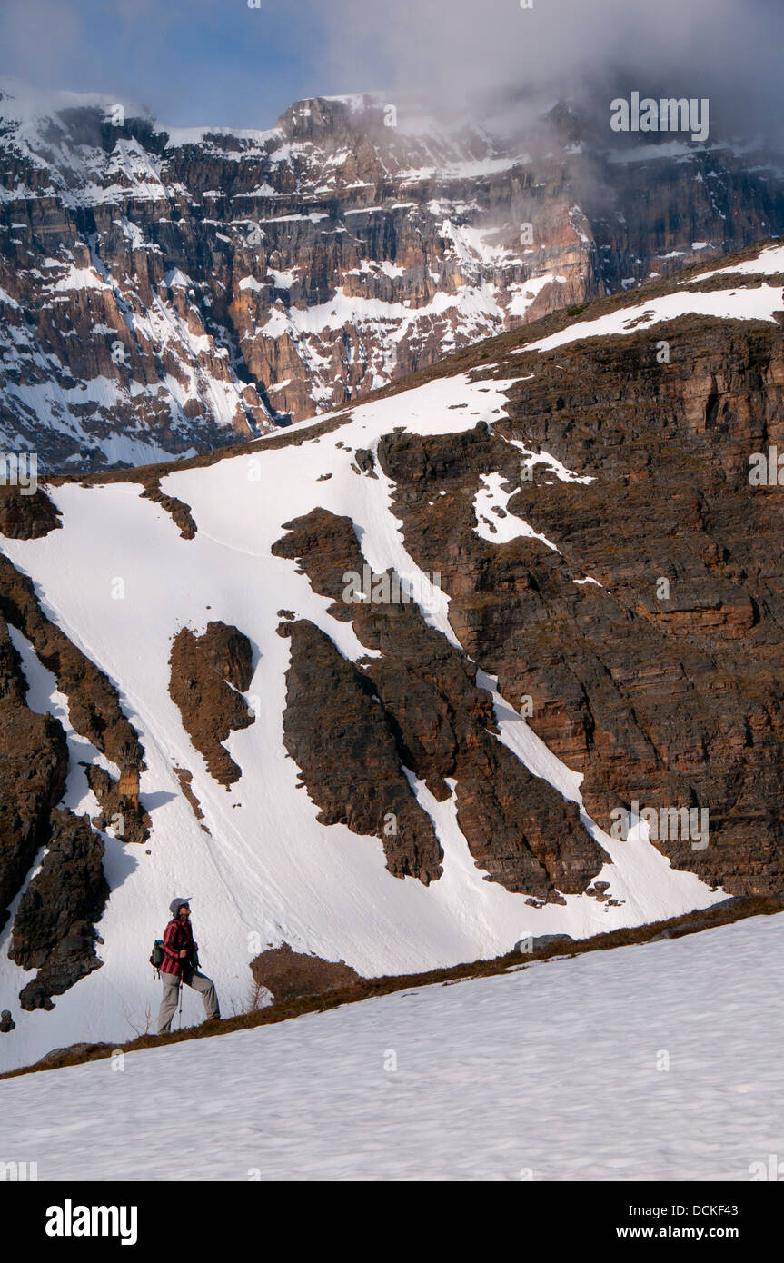 Hiker in upper Larch Valley, Banff National Park, Alberta, Canada Stock Photo