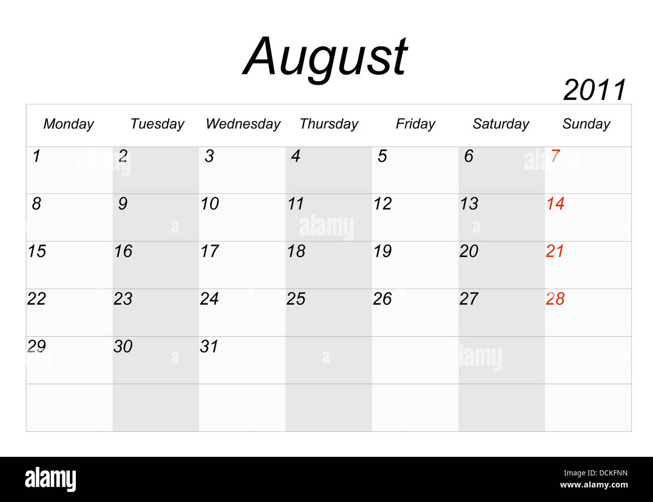 2011 calendar, the month of August Stock Photo - Alamy 2011 calendar, the month of August Stock Photo - Alamy