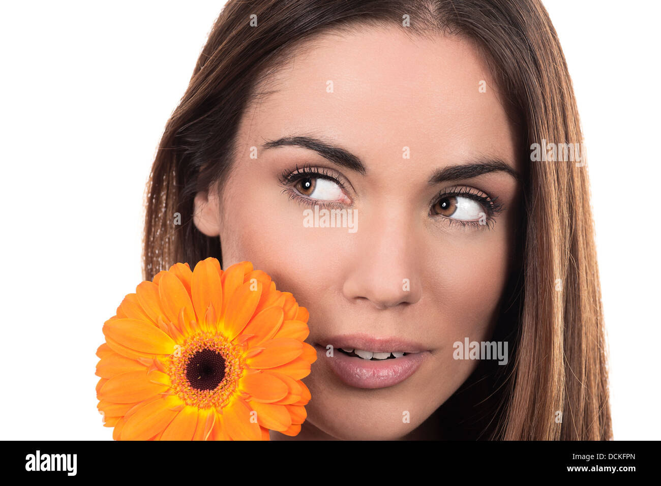 Beautiful woman portrait with flower on white background Stock Photo ...