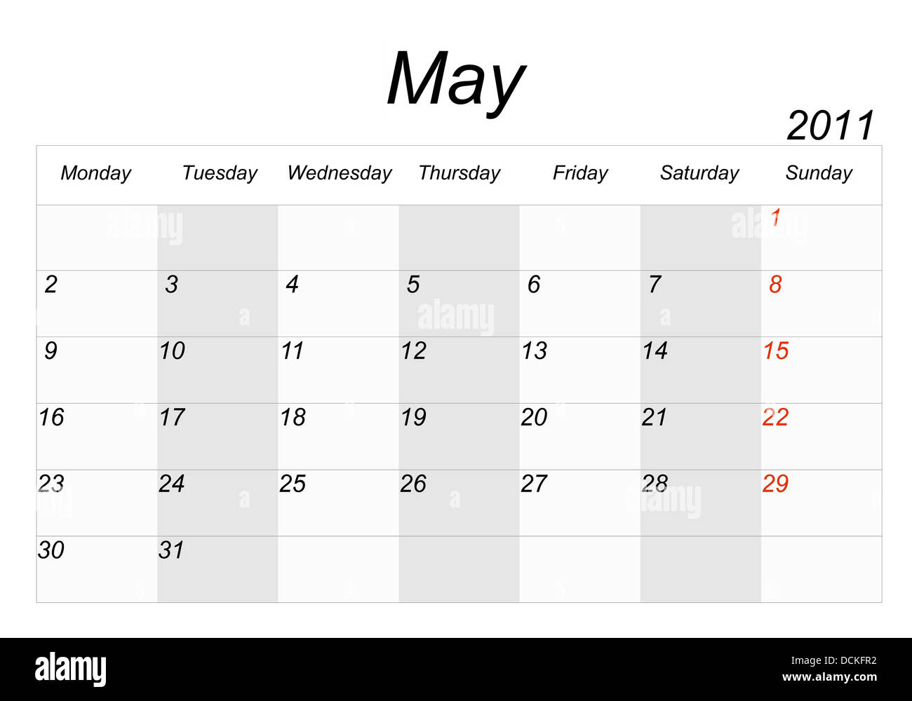 2011 Calendar The Month Of May Stock Photo Alamy