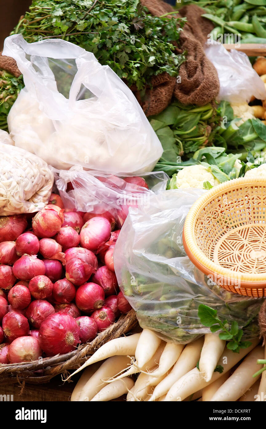 Vegetable,cart,veggies,onions,radish,pea pods,coriander,spinach,Coriander,raw,farm fresh,assorted Stock Photo