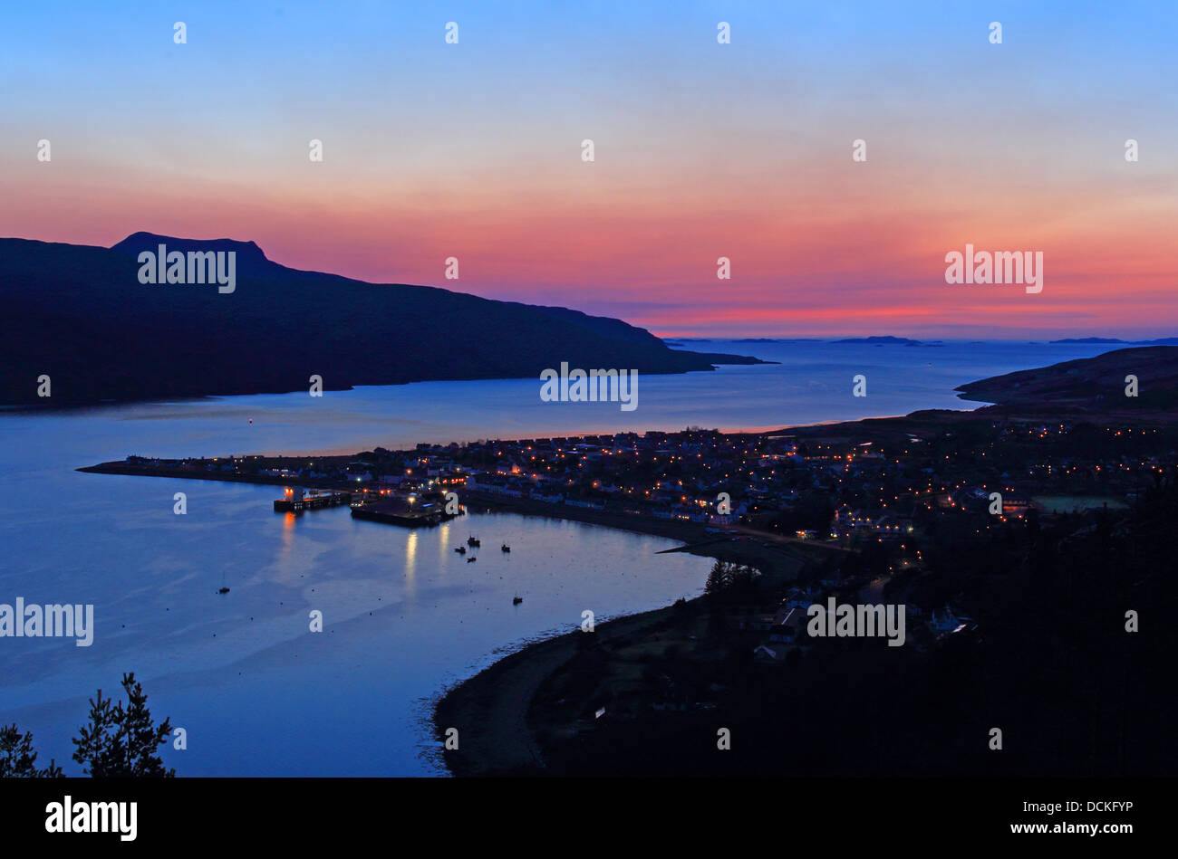 British isles Scotland Wester Ross-shire Loch Broom and Ullapool at night Stock Photo