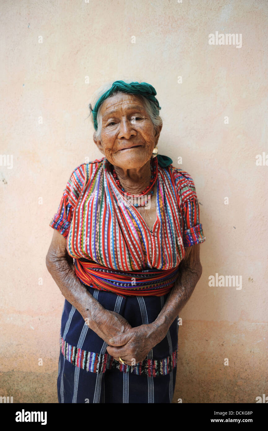Guatemala indigenous woman of Solola wears traditional clothing called guipil (blouse) and corte (skirt). Stock Photo