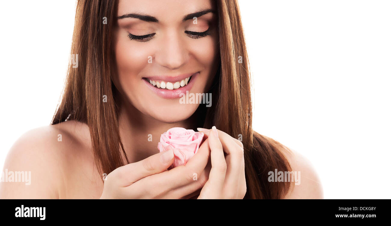 Beautiful woman with pink rose on white background, panoramic view Stock Photo