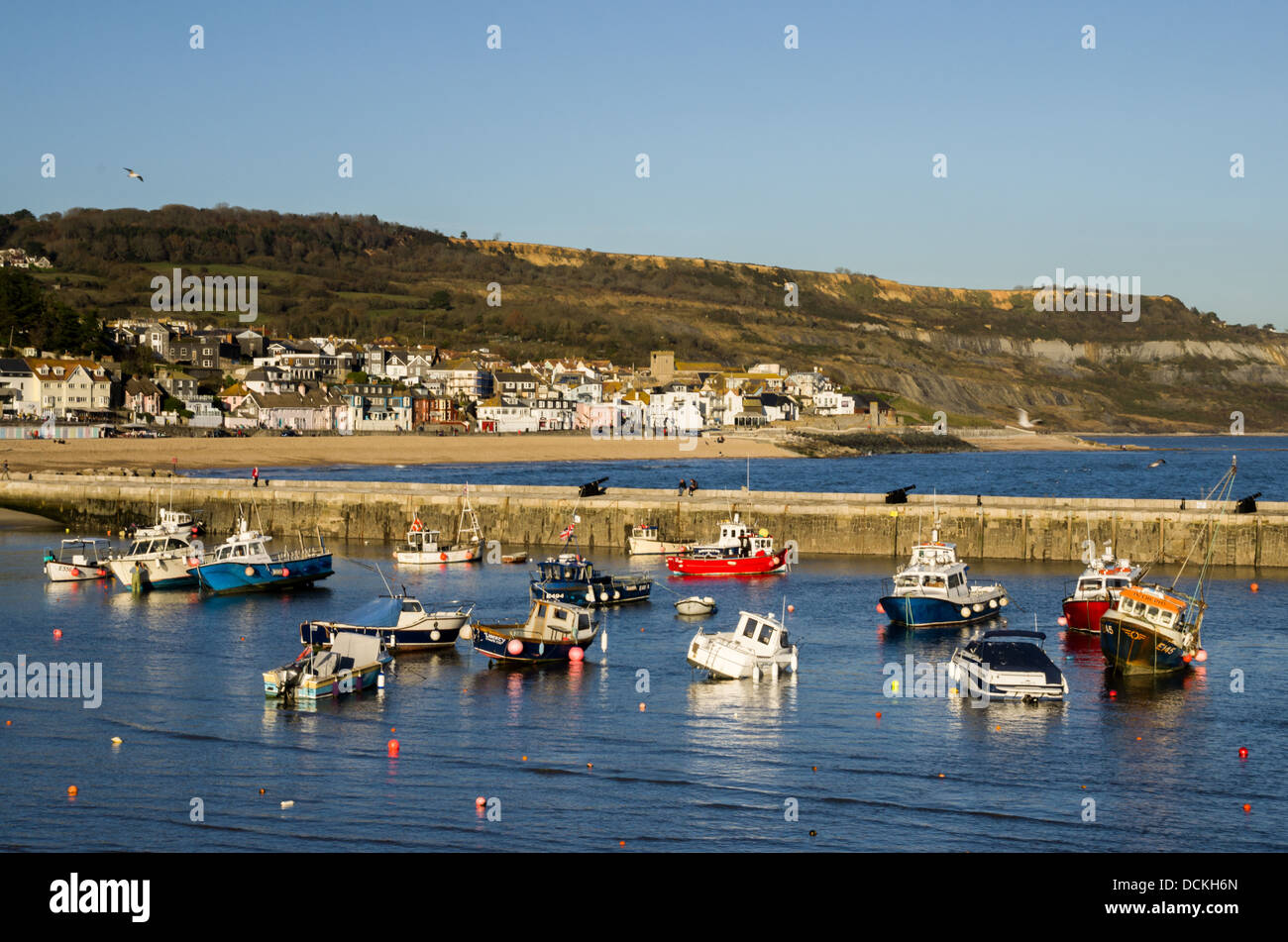 A view of Lyme Regis harbor during low tide with small fishing boats