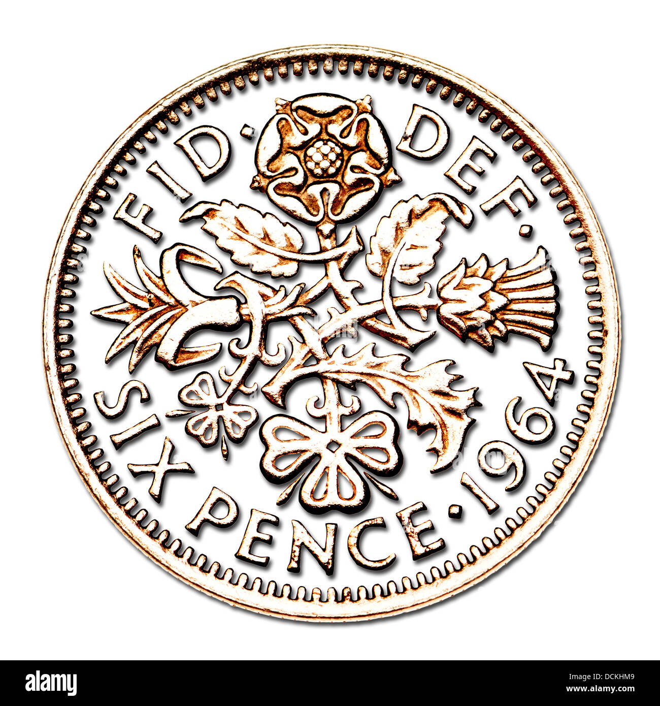 Old British sixpence coin. Reverse showing rose, thistle, leek and clover, representing England, Scotland, Wales and Ireland Stock Photo