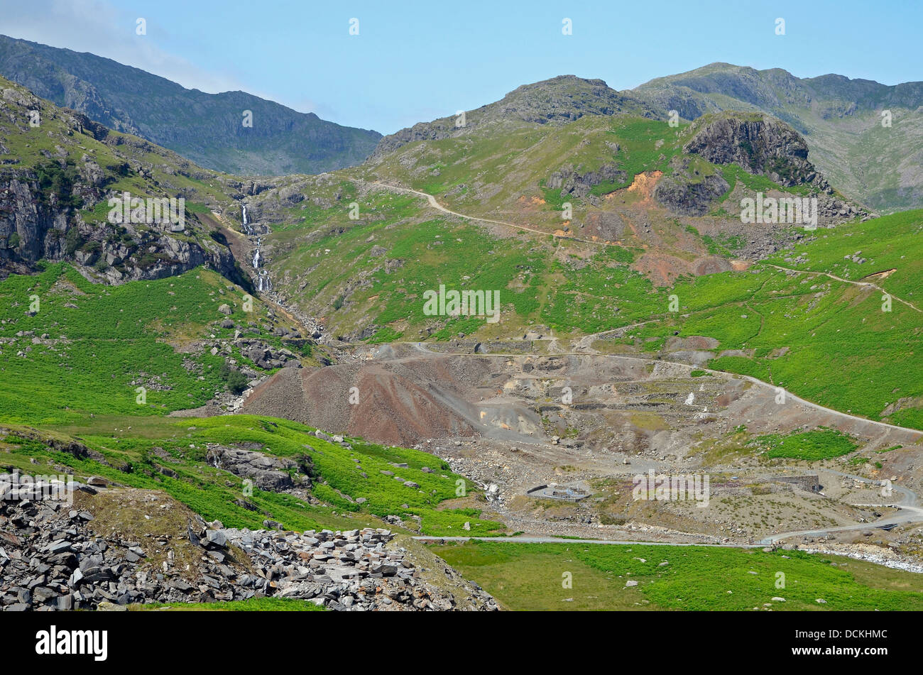 Old mine waste tips or spoil heaps on the flanks of Coniston Old man in the Copper Mines Valley above Coniston, Lake District. Stock Photo