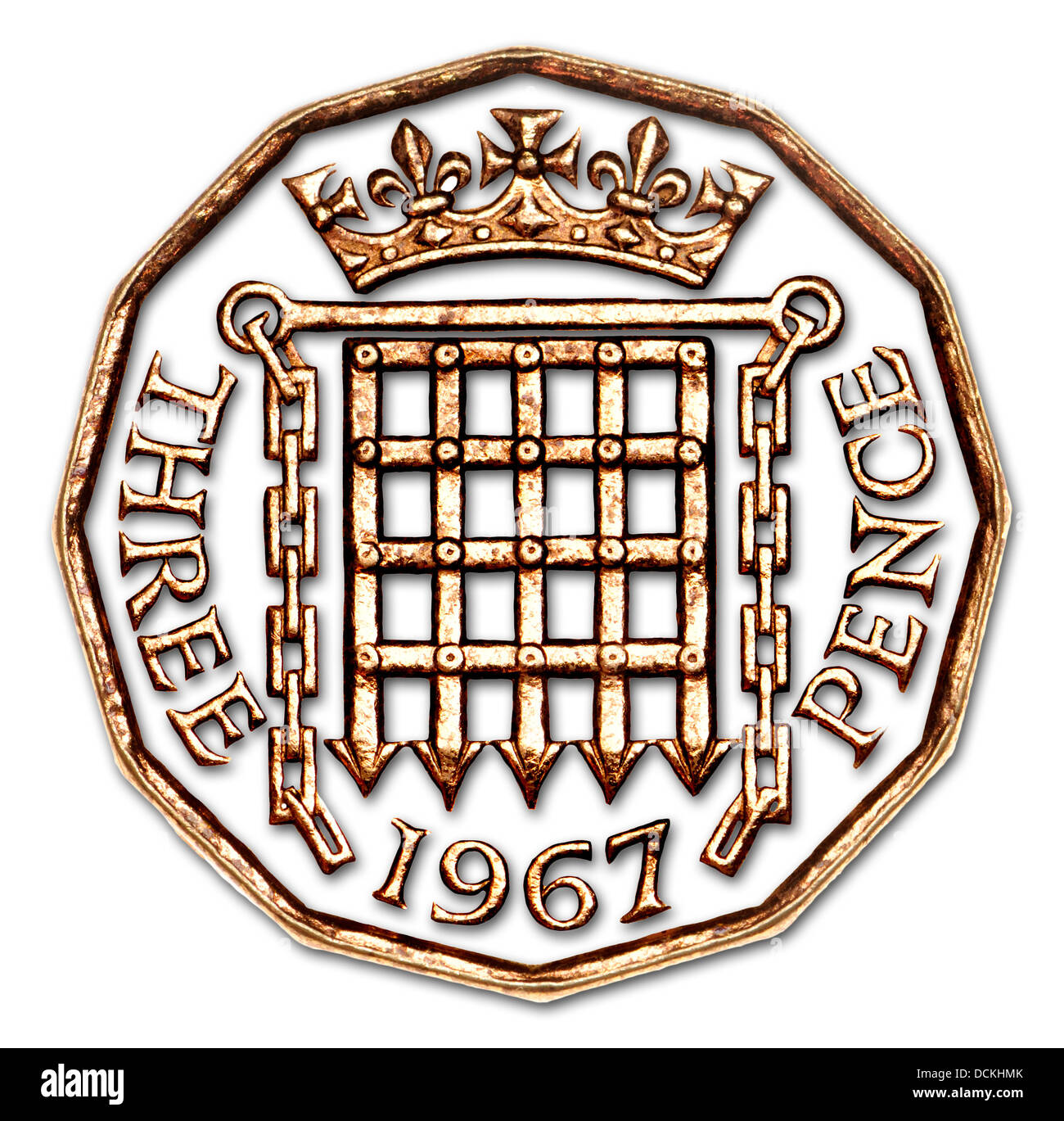 Old British 3d coin - three pence. 1967 Reverse showing portcullis. Details cut out, drop shadow added Stock Photo