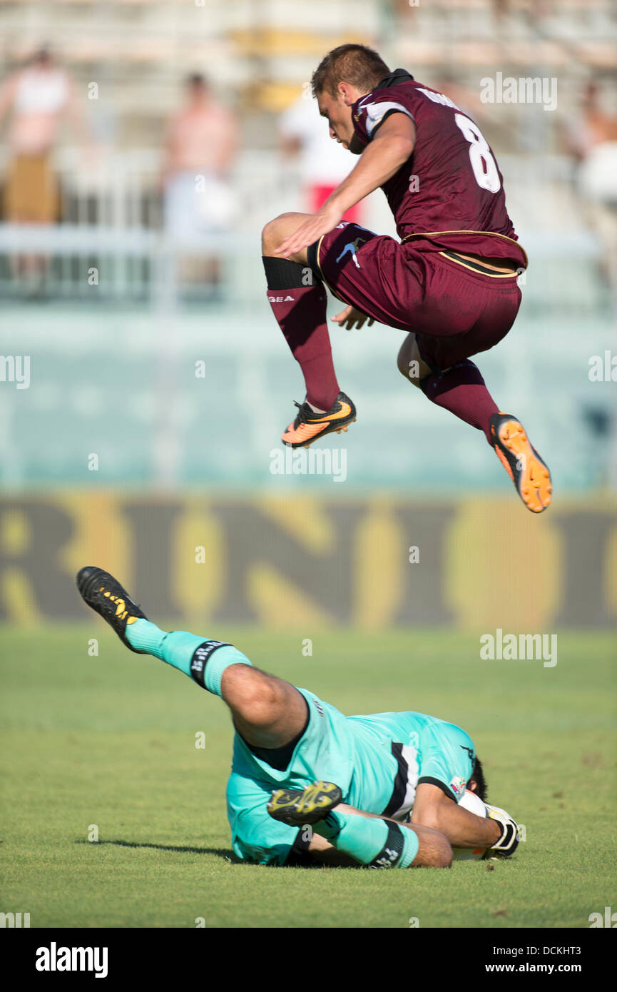 Federico Dionisi (Livorno), Eugenio Lamanna (Siena), AUGUST 17, 2013 - Football / Soccer : Coppa Italia (Tim Cup) Third Round match between Livorno 0-1 Siena at Stadio Armando Picchi in Livorno, Italy. (Photo by Maurizio Borsari/AFLO) Stock Photo