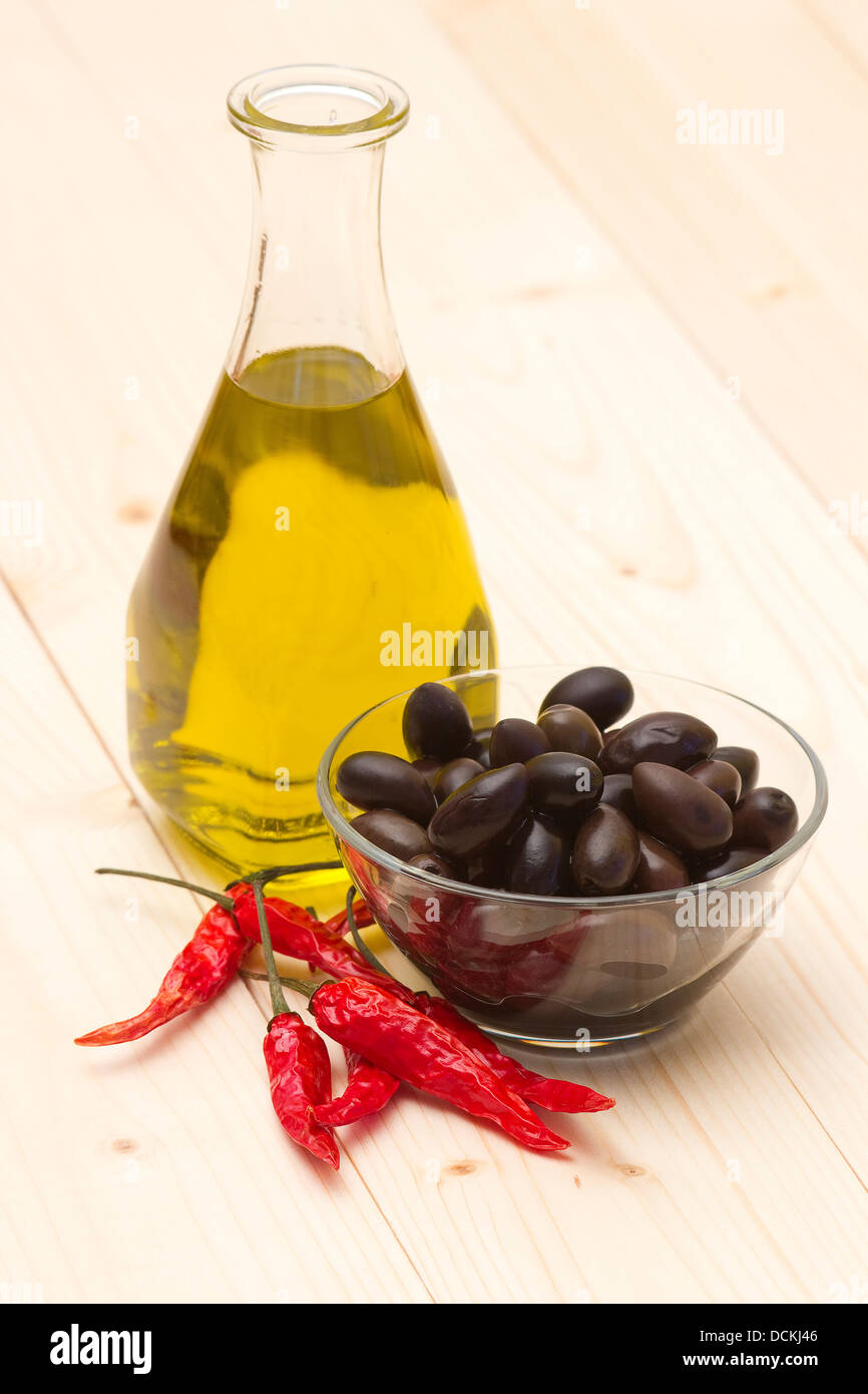olive oil, black olives, chili peppers Stock Photo Alamy