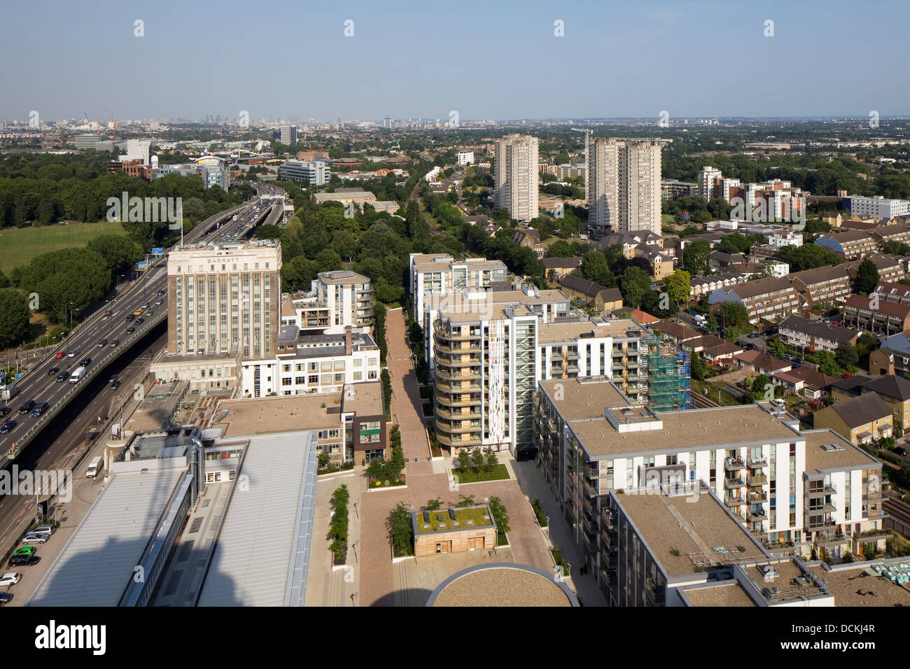 Great West Quarter with Alison Turnbull Artwork, Brentford, United Kingdom. Architect: Assael Architecture Ltd, 2013. Aerial Vie Stock Photo