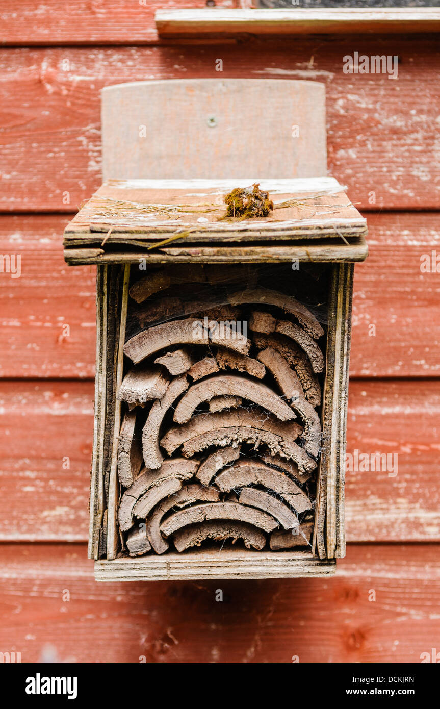 Wooden nesting box suitable for attracting a range of insects. Stock Photo