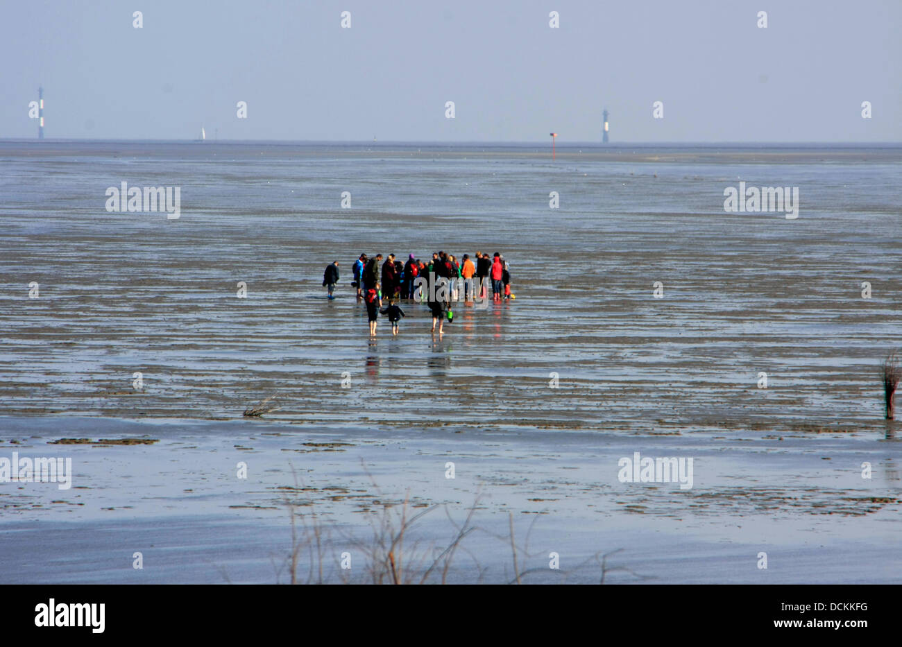 Watt-hiking with a guide during Ebb at the beach of Duhnen. With ebb, the sinking sea-mirror is marked because of the tides. The end of the ebb is called tide-low waters. Photo: Klaus Nowottnick Date: May 11, 2013 Stock Photo