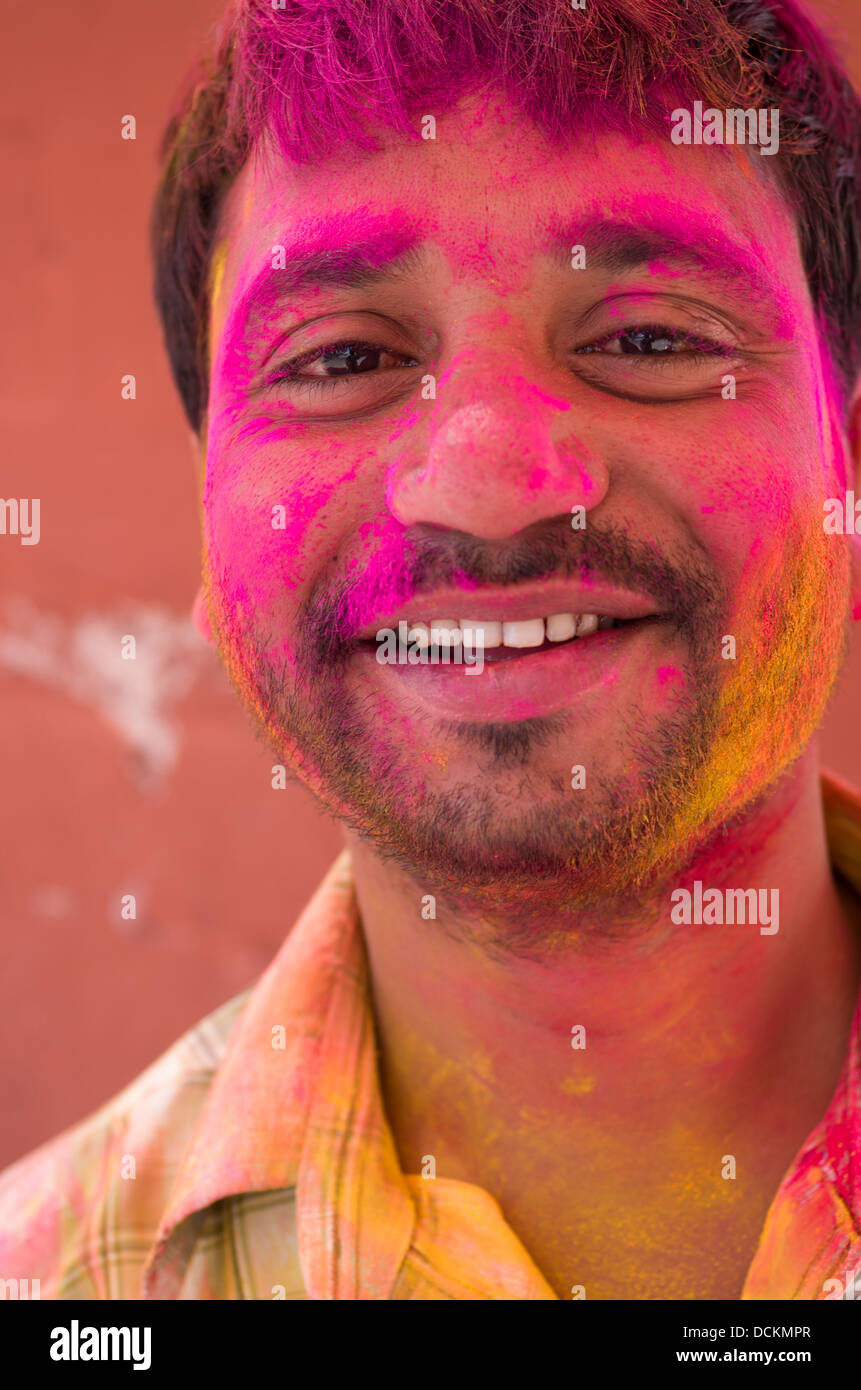 Celebrating Holi, Festival of Colors, a spring Hindu Festival - Jaipur, Rajasthan, India Stock Photo