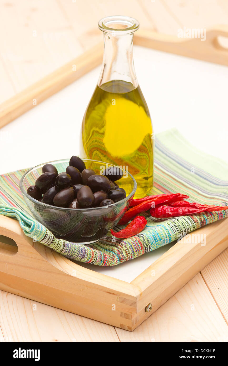 olive oil, black olives, chili peppers Stock Photo Alamy