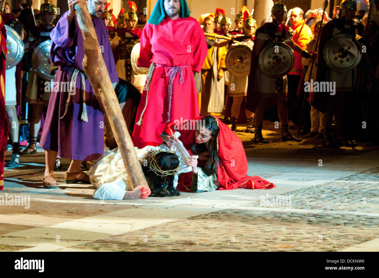 Veronica wiping Jesus's face. Holy Week, Passion of Chinchon, Chinchon, Madrid province, Spain. Stock Photo