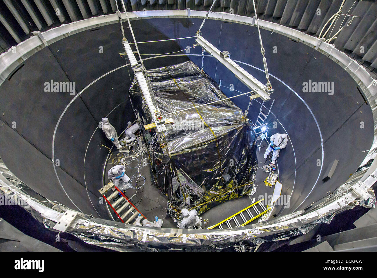 An overhead glimpse inside the thermal vacuum chamber as engineers ready the James Webb Space Telescope Integrated Science Instrument Module at NASA's Goddard Space Flight Center August 10, 2013 in Greenbelt, MD. Stock Photo