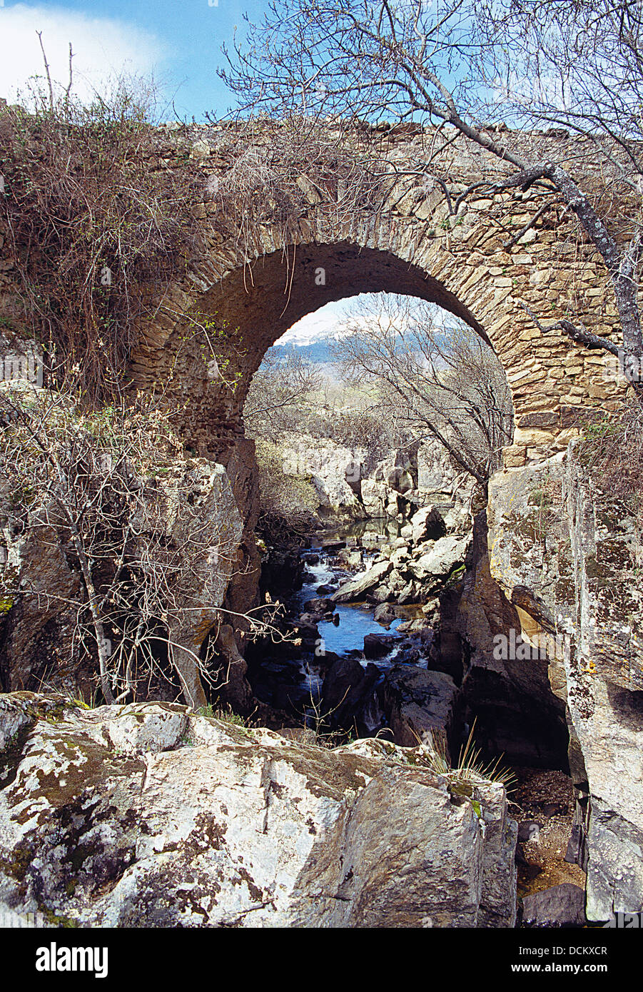 Roman bridge. Lozoya, Madrid province, Spain. Stock Photo