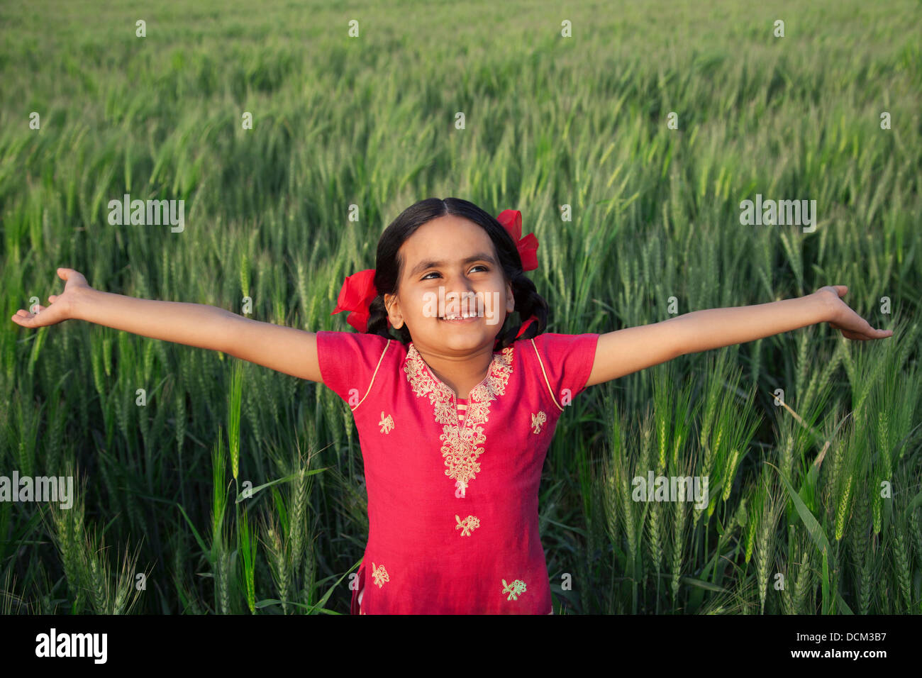 Little girl standing with arms out in a wheat field Stock Photo