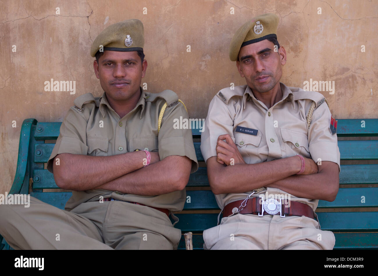 Indian security guards at amber amer fort palace jaipur hires stock