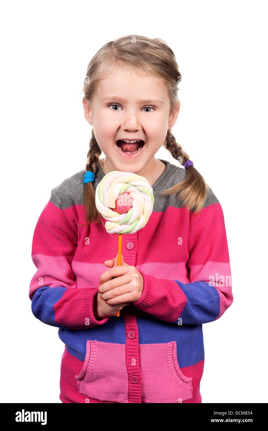Cute girl with lollipop isolated Stock Photo