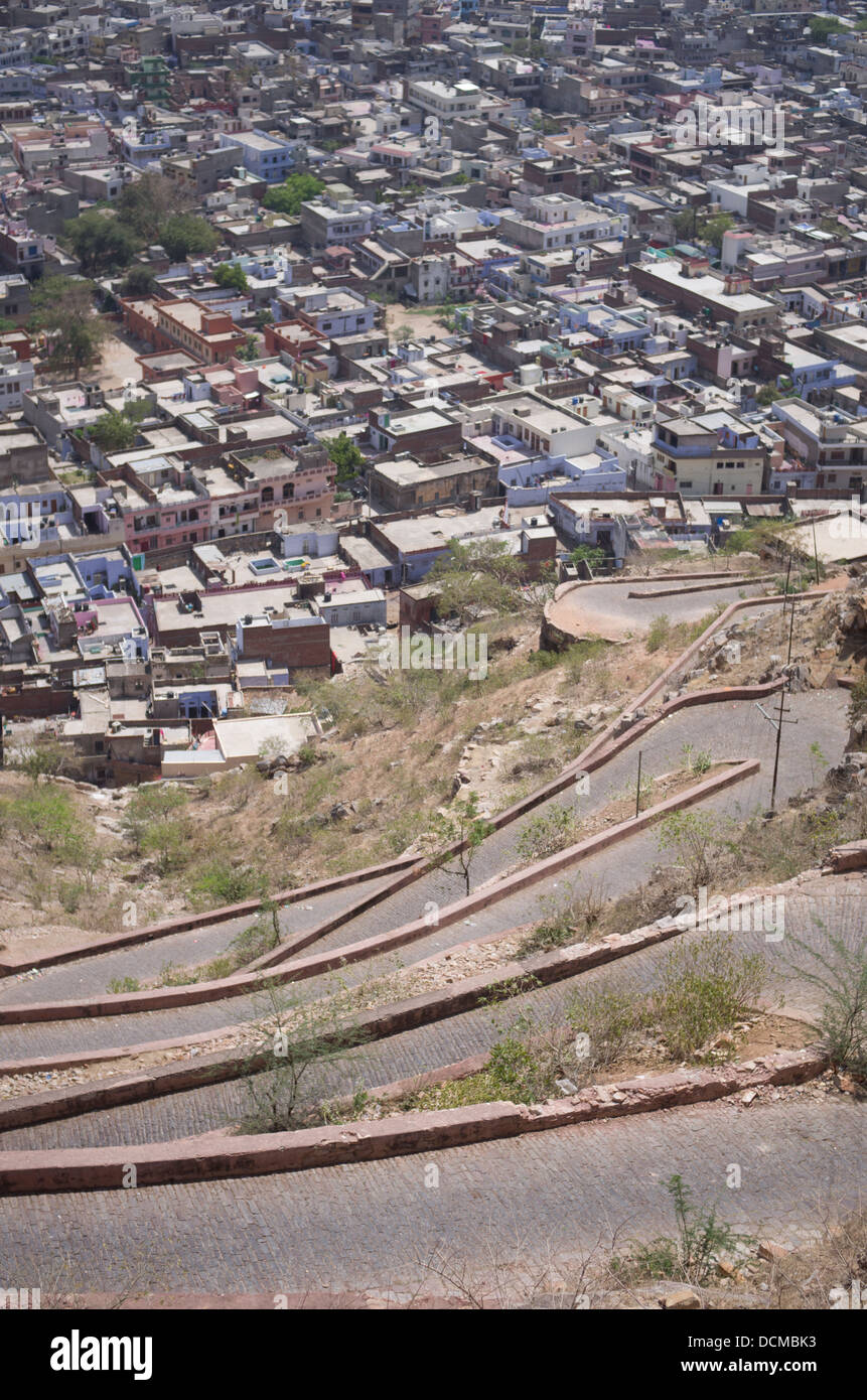 Winding path down from Nahargarh ( Tiger Fort ) to  Jaipur, Rajasthan, India Stock Photo