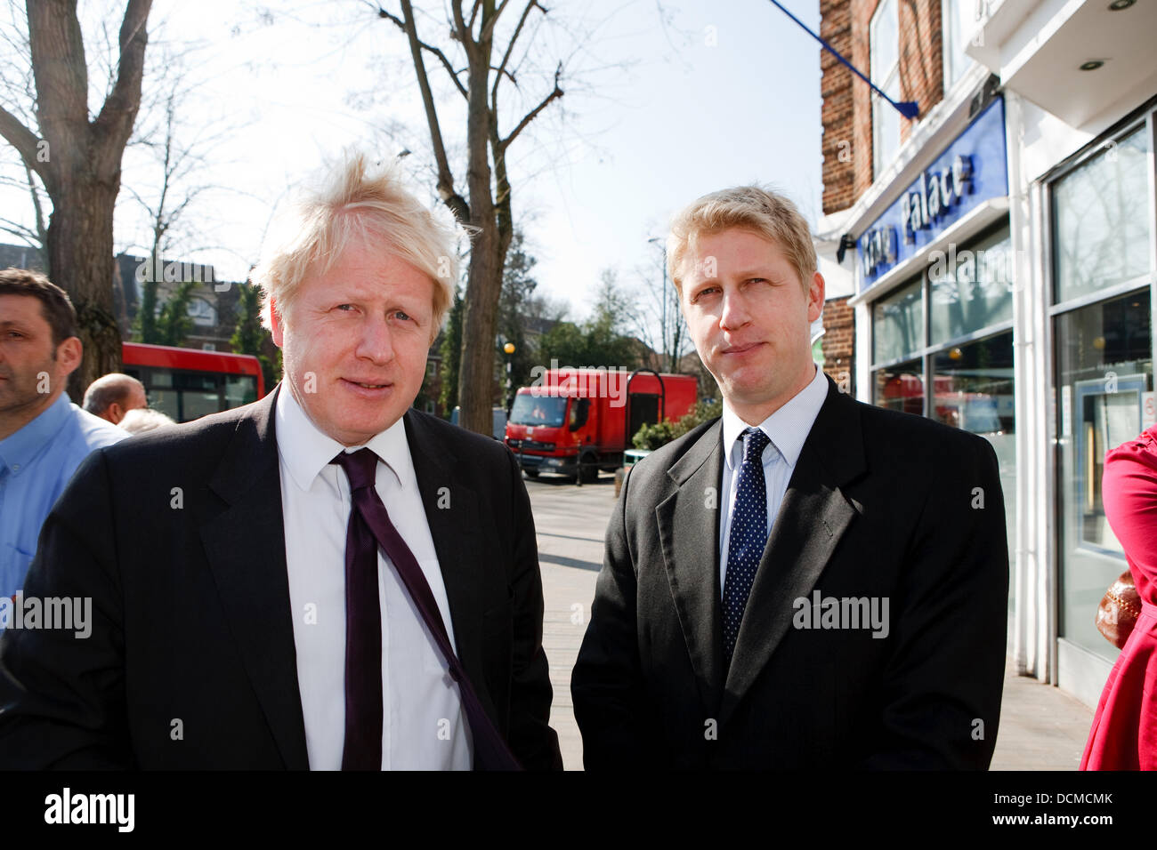Boris Johnson has suggested that it is “very likely” that his brother will become the Prime Minister - as he attacked Ed Miliband for “shafting” his brother David in the battle for the Labour leadership.  Actual photo taken Orpington,UK,12th March 2013,Boris Johnson poses with his brother Jo Johnson in Orpington high Street Stock Photo