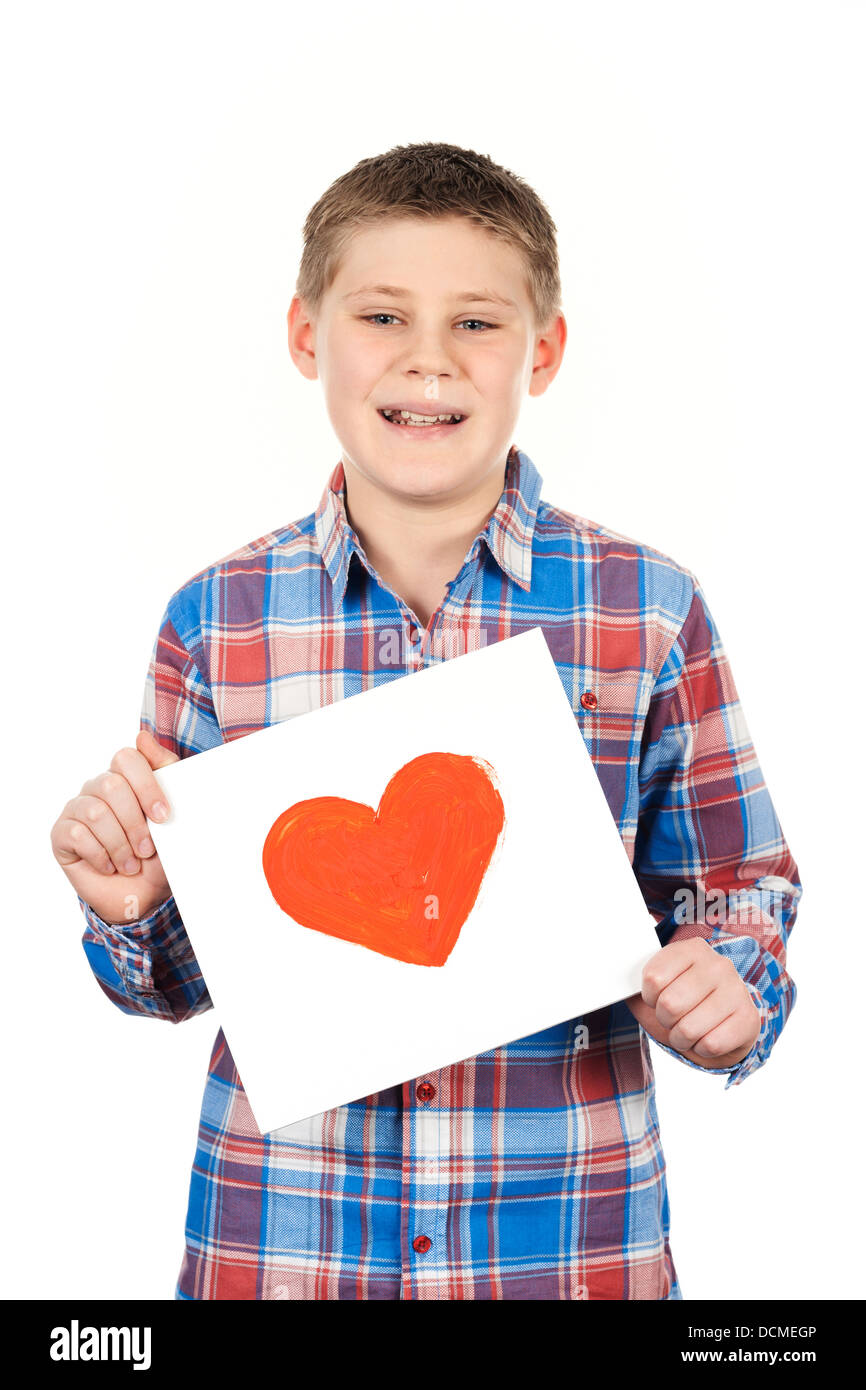 Drawn heart in boy hands on white background Stock Photo
