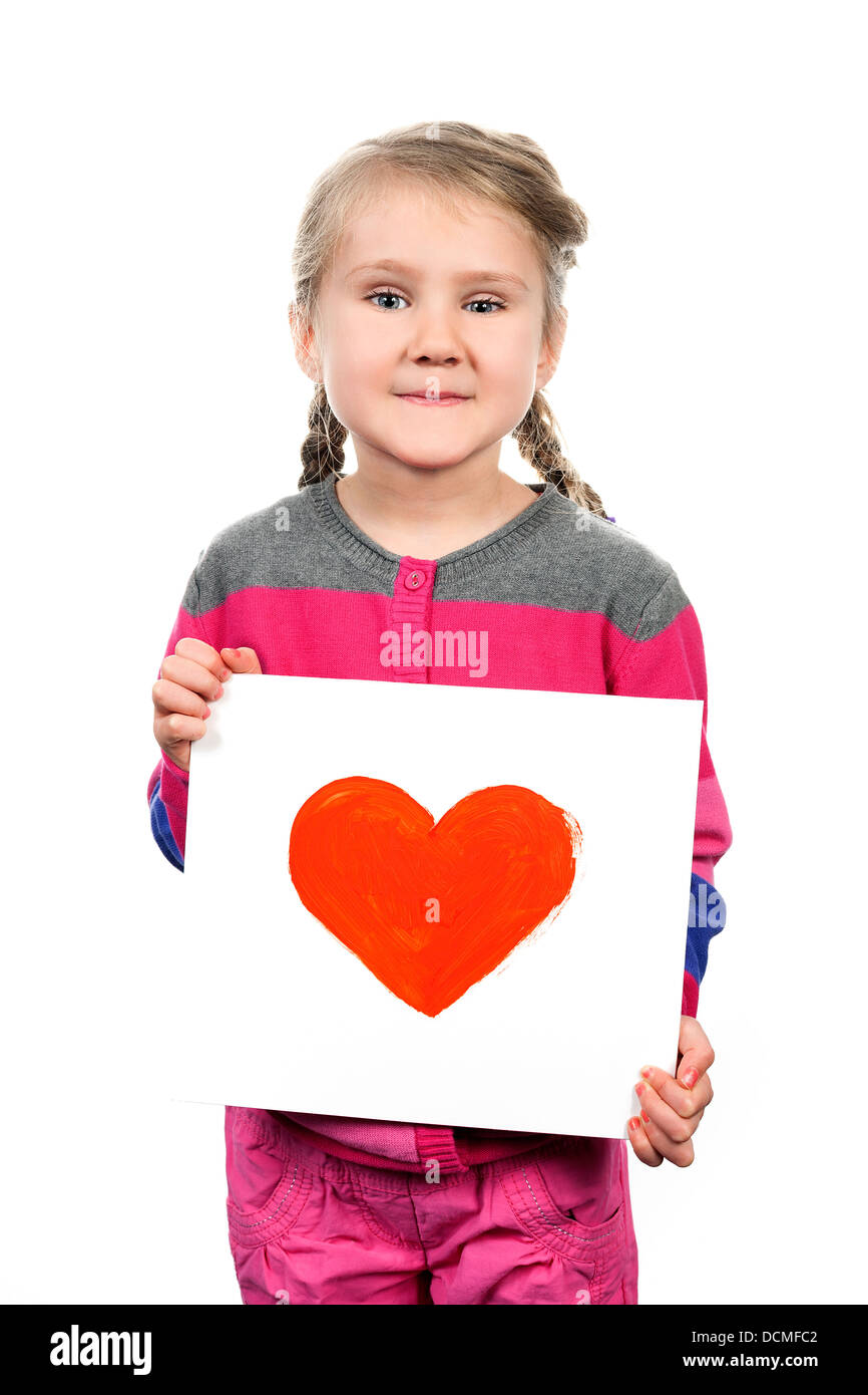 Drawn heart in girl hands on white background Stock Photo