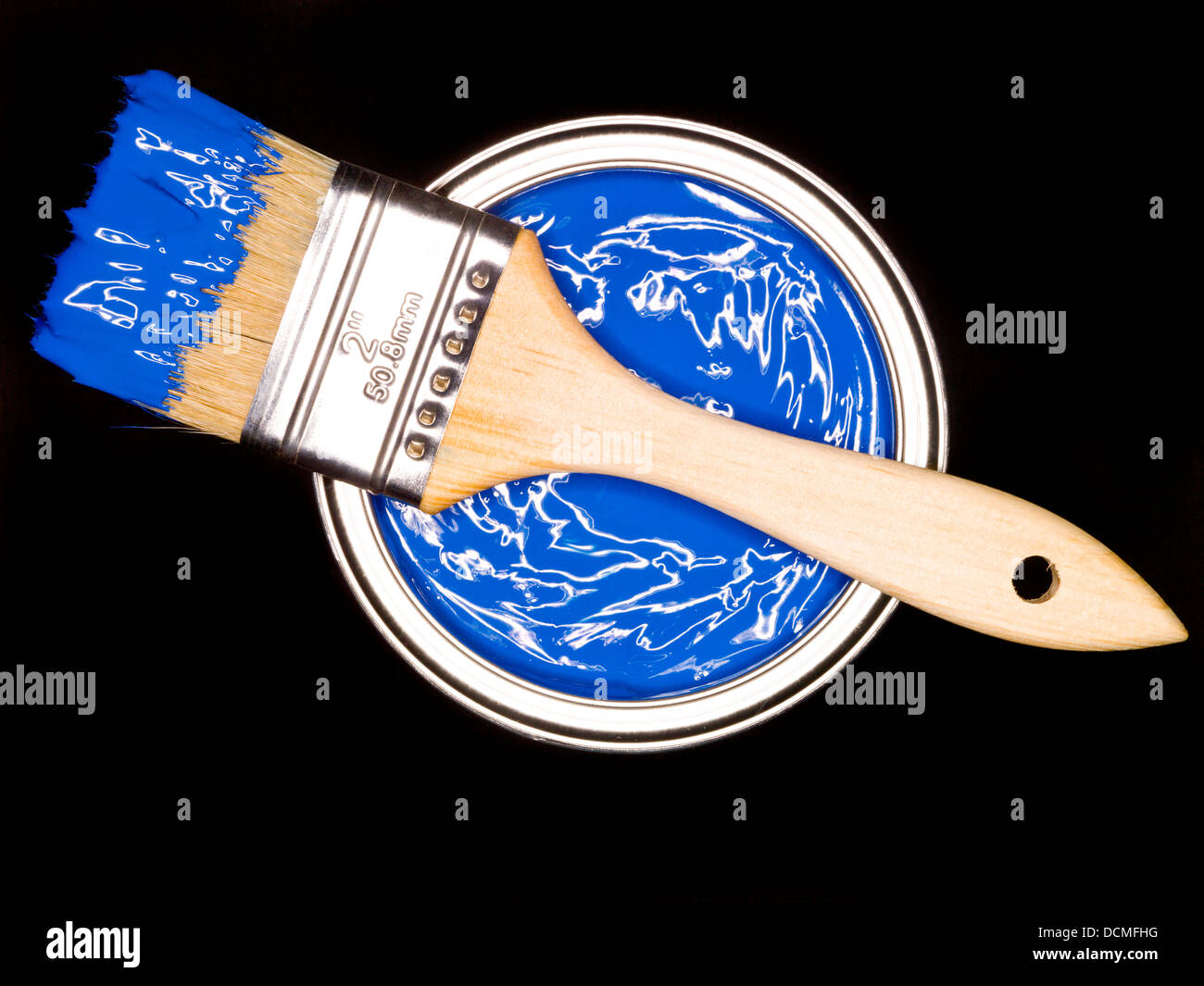 Blue Paint can and brush Stock Photo Alamy
